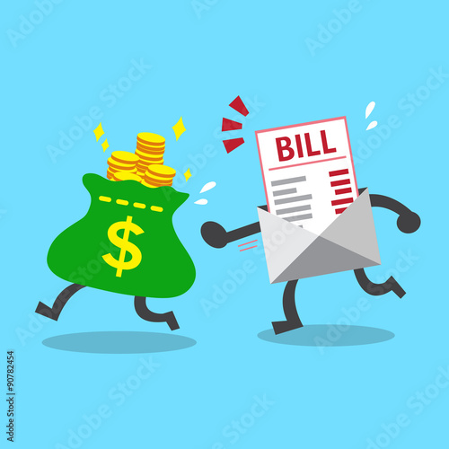 Business concept money bag escaping from bill payment
