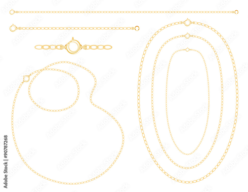 Gold chains, necklaces, bracelets, links, clasps, fashion jewelry, isolated on white background. 