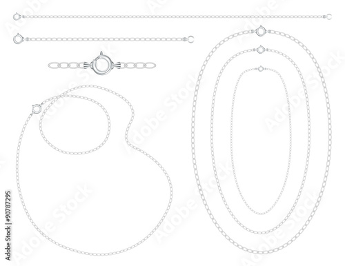 Silver chains, necklaces, bracelets, links, clasps, fashion jewelry, isolated on white background. 
