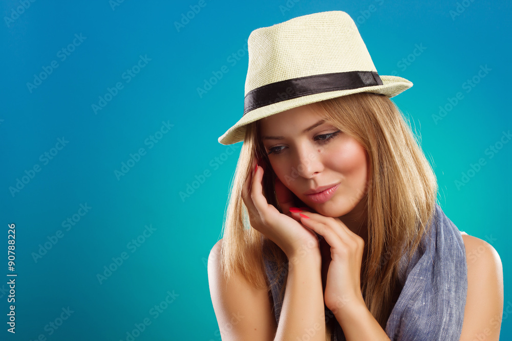 Portrait of beautiful woman with straw hat. Portrait of beautiful woman with straw hat.