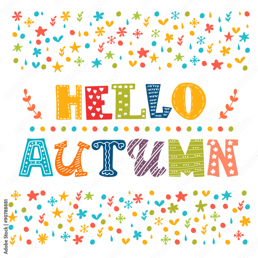 Hello Autumn card. Autumn landscape background