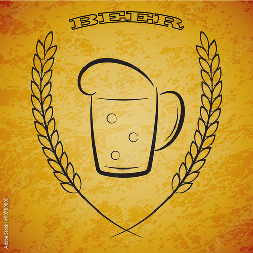 Mug beer with ears of wheat on grunge yellow background