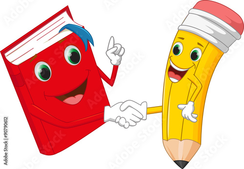 Cartoon pencil and books shake hands