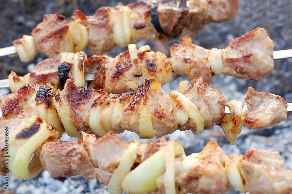 Shish kebab on skewers and hot coals, DOF Shish kebab on skewers and hot coals, DOF