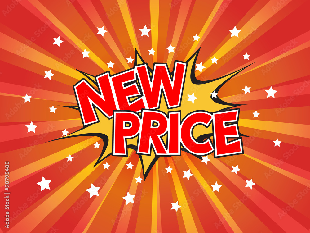 New Price, wording in comic speech bubble on burst background