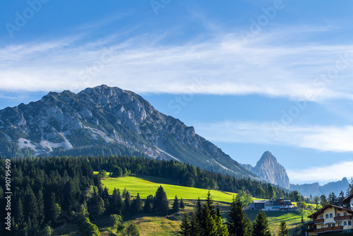 Landscape of mountains  green field  sky  forest in Filzmoos  Salzburg  Austria