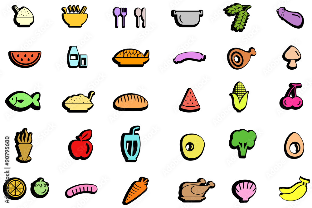 food, ingredient, vegetable fruit, and kitchen tool icon design set with isolated background, create by vector