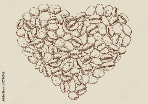 Coffee background. Vector hand drawn background of heart from coffee beans at engraving style