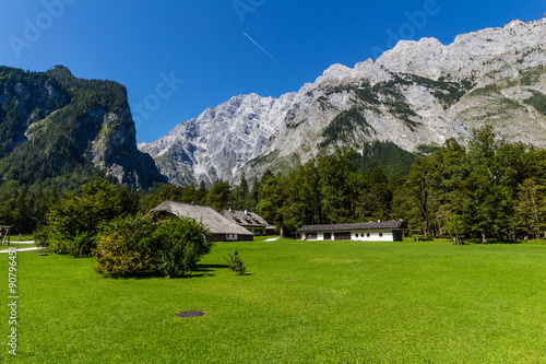 View of Alp mountains and green field from Konigsee  Germany