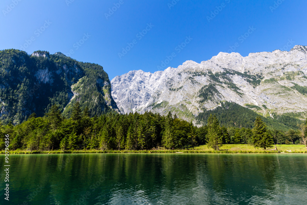 Alpine mountain lake Obersee in Summer, Konigsee National Park, Bayern, Germany 