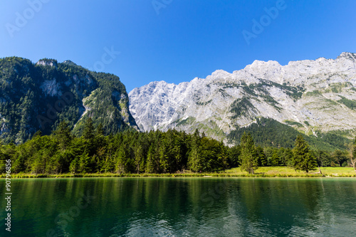 Alpine mountain lake Obersee in Summer, Konigsee National Park, Bayern, Germany 