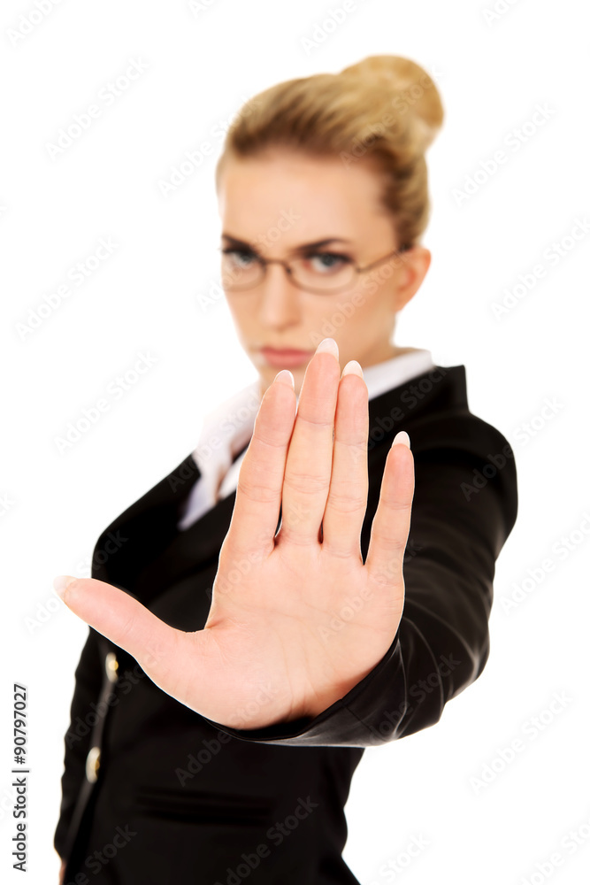Businesswoman show NO gesture with confident expression Businesswoman show NO gesture with confident expression