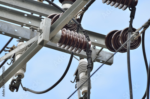 PORCELAIN INSULATOR - FOG TYPE INSULATORS IN NATURE DAY LIGHT (SELECTIVE FOCUS)