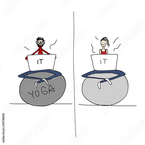 Yoga at work, people with laptop for your design