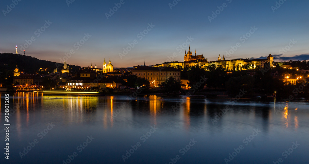 Prague, Czech Republic. Night photo of Charles Bridge, Castle and historical buildings