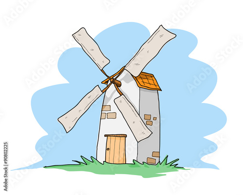 Windmill, a hand drawn vector illustration of a Windmill, isolated on a simple blue sky background (editable).