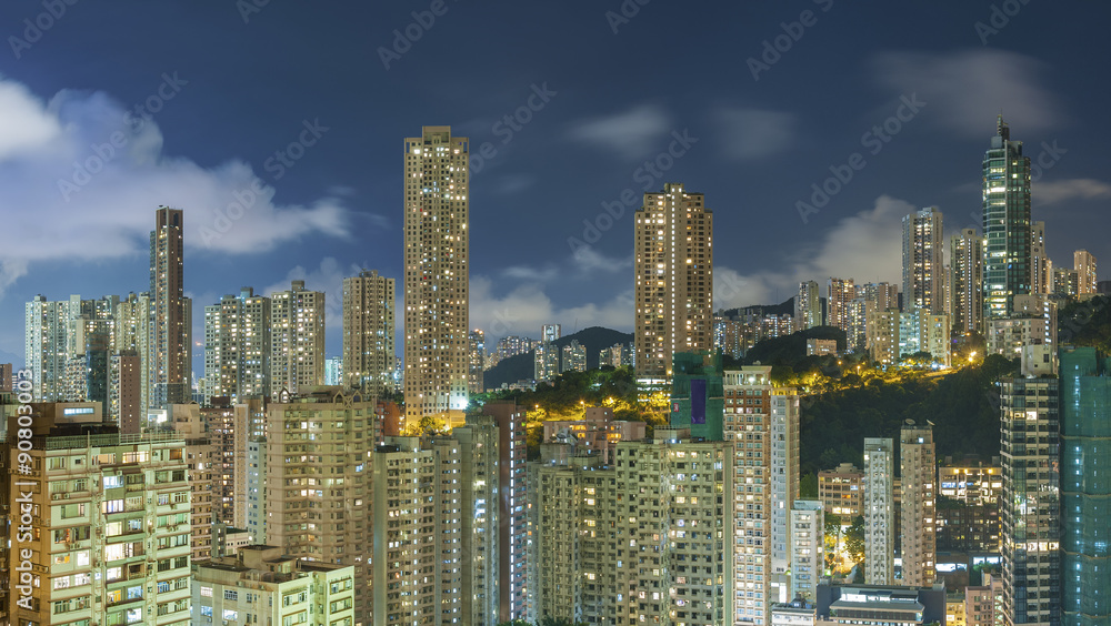 Naklejka premium Panorama Skyline of Hong Kong City at night
