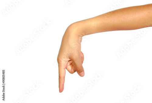 Woman's finger pointing or touching isolated on a white