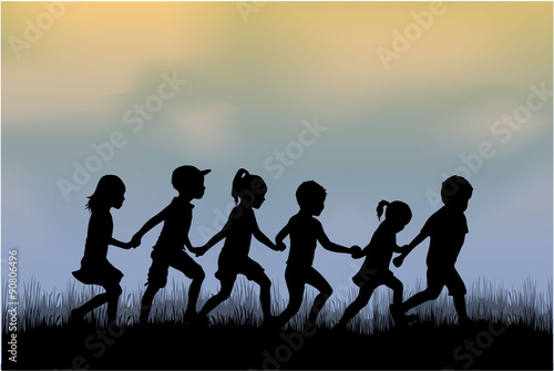 Children silhouette in nature .
