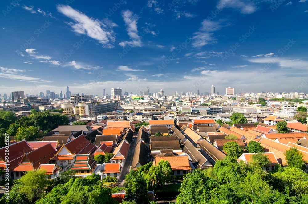 Aerial view of Bangkok from Golden Mount and part of Wat Saket, Bangkok, Thailand.