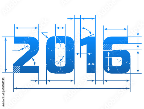 New Year 2016 with dimension lines. Blueprint drawing of 2016