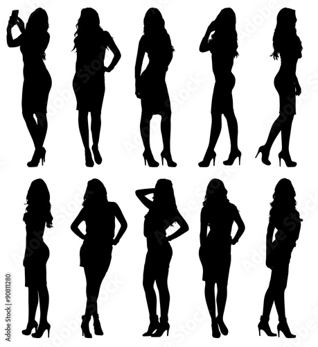 Vector set of various fashion model female silhouettes in different poses 