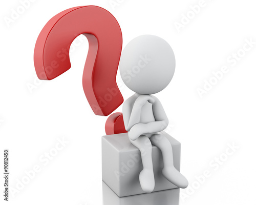 3d White people thinking with a red question mark