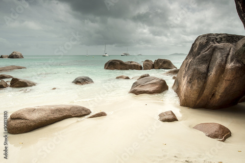 Anse Lazio beach, Praslin, Seychelles. Cloudy day. 