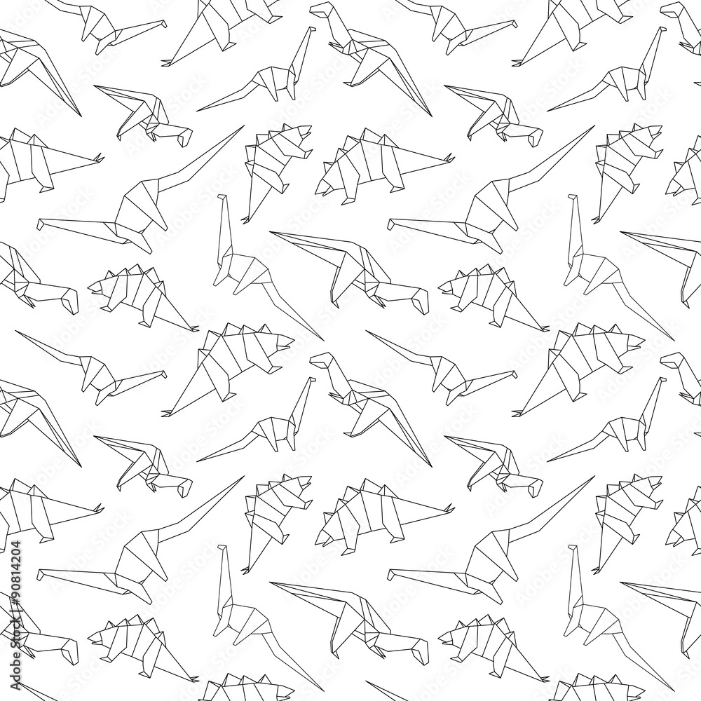 Black and white origami dinosaur vector seamless pattern.