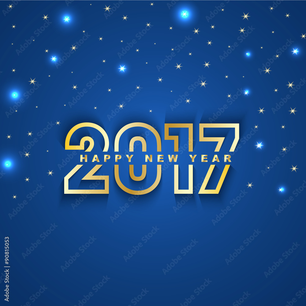2017 New Year greeting card with stars and spot lights on blue