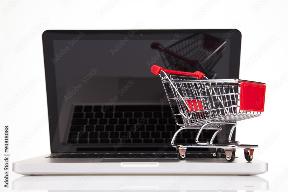 Computer, Online shopping concept in white background