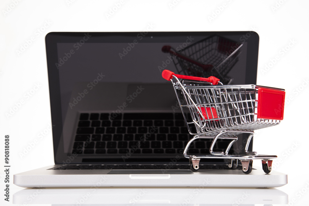 Computer, Online shopping concept in white background Computer, Online shopping concept in white background