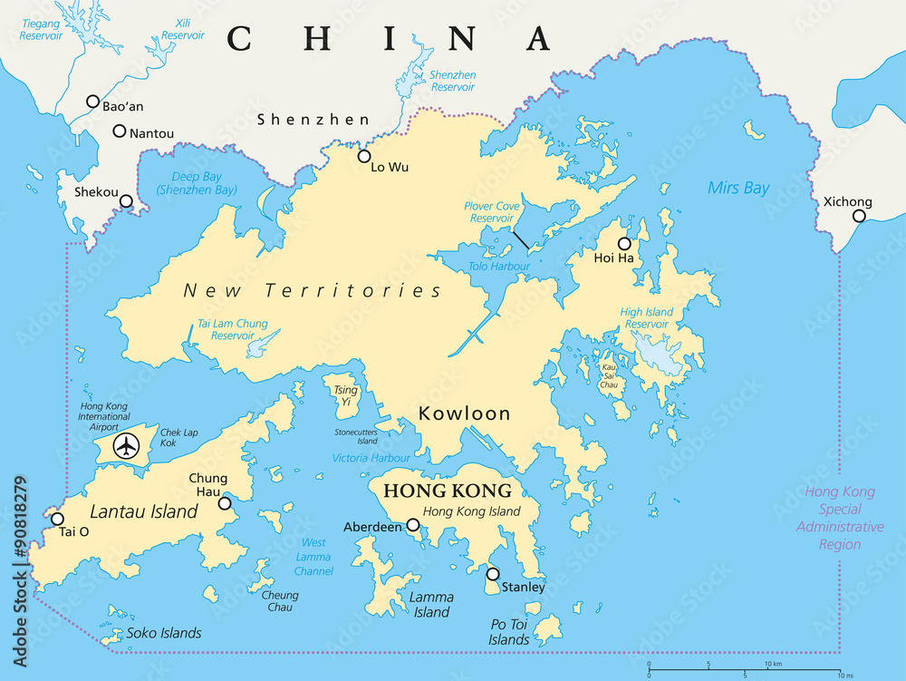 Obraz premium Mapa polityczna Hongkongu i okolic. Światowe Centrum Finansowe i Specjalny Region Administracyjny w prowincji Guangdong w Chinach. Angielskie etykietowanie i skalowanie. Ilustracja.