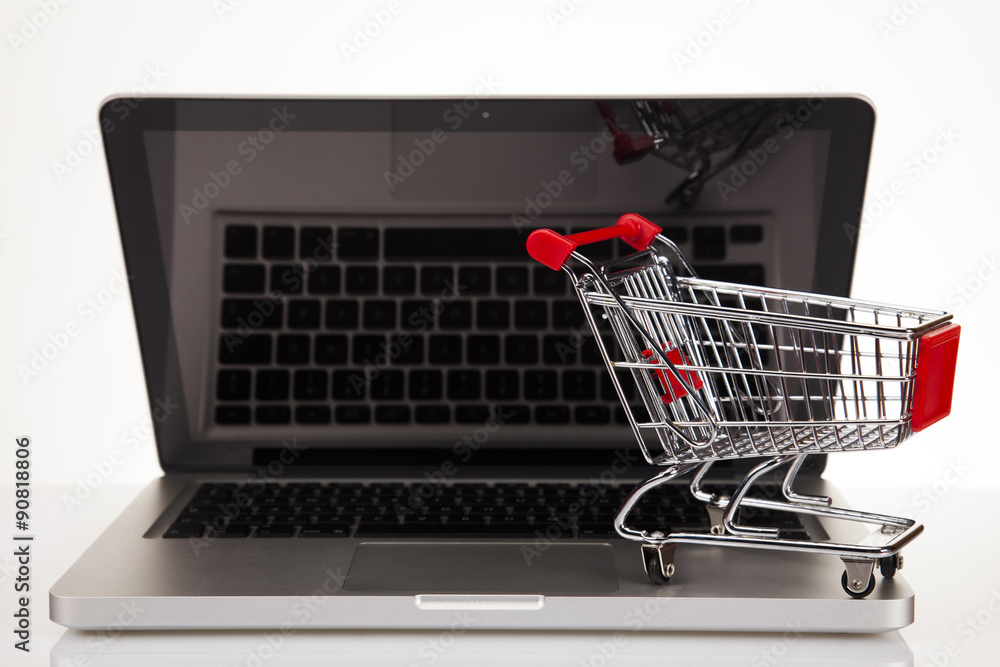 Computer, Online shopping concept in white background