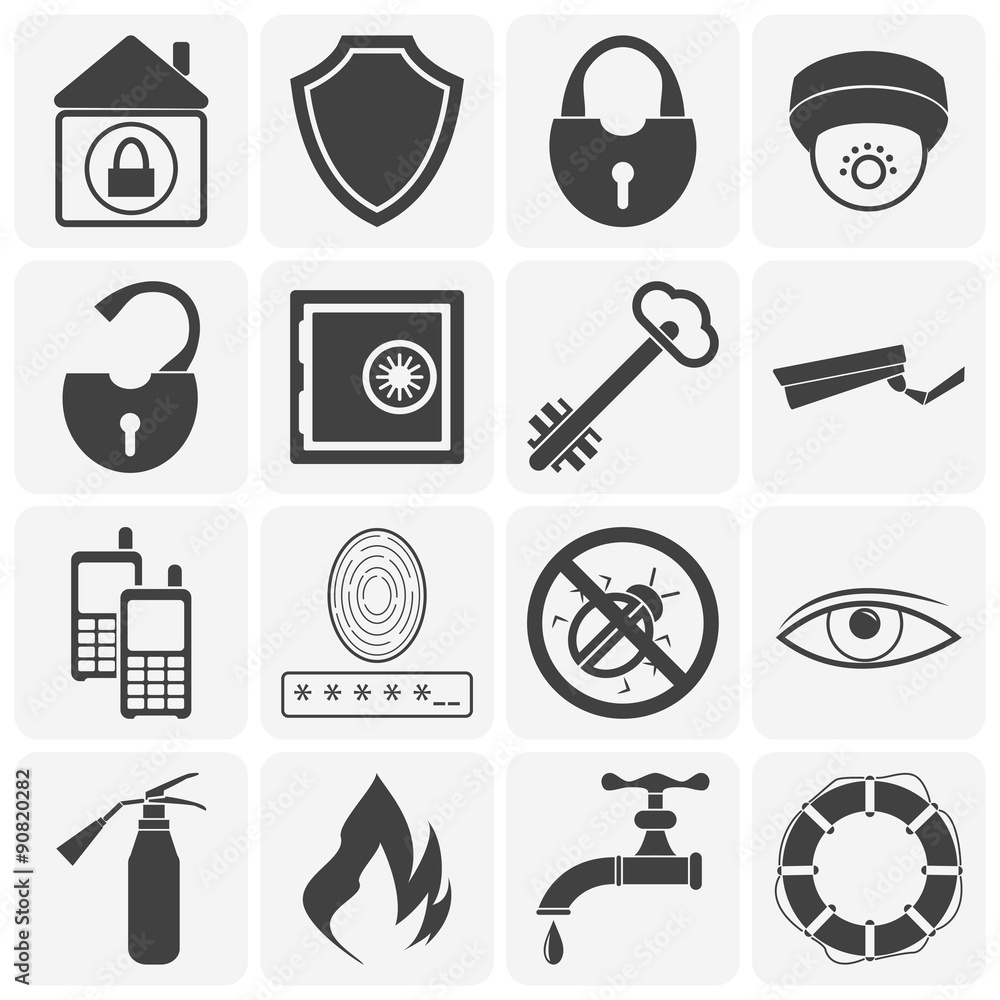 Vector illustration of home security icons. Black and white set Stock ...