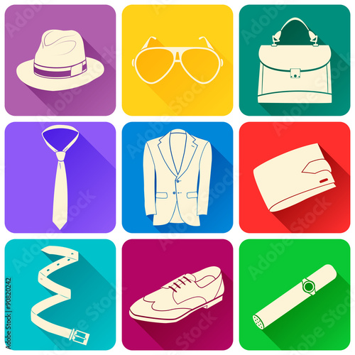 Vector illustration of men's accessories icons set. Flat color design with shadow isolated on white background. Buttons