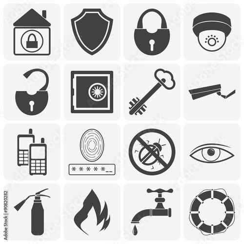 Vector illustration of home security icons. Black and white set