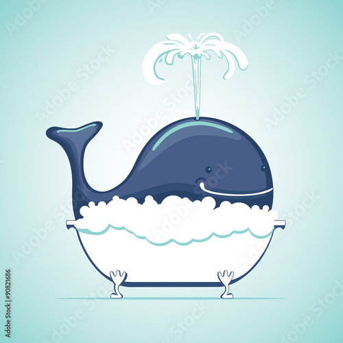 Funny whale in a bath.The whale take a bath with soapsuds. Vector cartoon. Isolated illustration. 