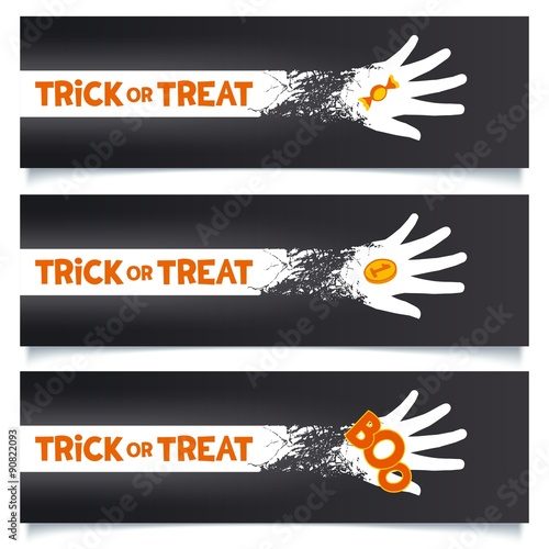 Trick or treat - fun creative ribbon blending smoothly into the hand with sweets, money and mucks. Vector eps 10