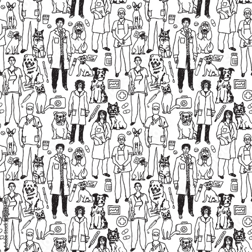 Veterinary people and pets seamless black pattern