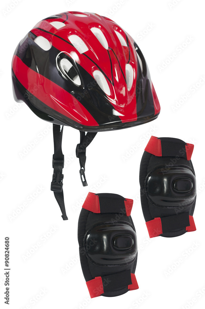 bicycle helmet and knee pads isolated on white bicycle helmet and knee pads isolated on white