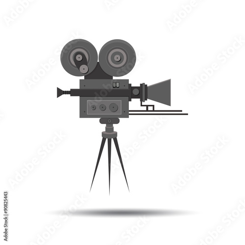 Flat detailed professional retro movie film camera, vintage cinema. Poster, card, leaflet or banner template with place for text. Isolated on white. Video recorder. Vector illustration.