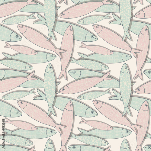 Traditional Portuguese icon. Colored sardines with geometric patterns. Seamless fish pattern. Vector illustration
