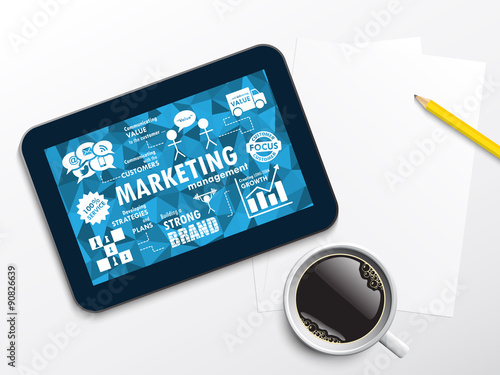 MARKETING Vector Graphic Notes on tablet on office desk