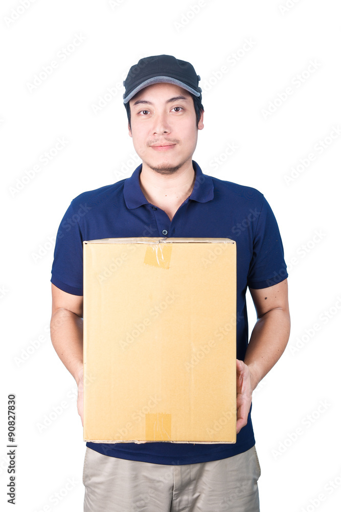 Smiling handsome asian delivery man giving and carrying parcel o Smiling handsome asian delivery man giving and carrying parcel o