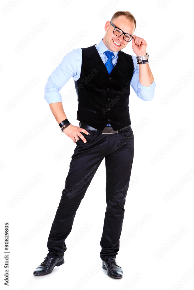 Full body portrait of happy young casual Businessman in black waistcoat and tie, holds glasses, white teeth smile, isolated on white, Positive human emotion, facial expression Full body portrait of happy young casual Businessman in black waistcoat and tie, holds glasses, white teeth smile, isolated on white, Positive human emotion, facial expression