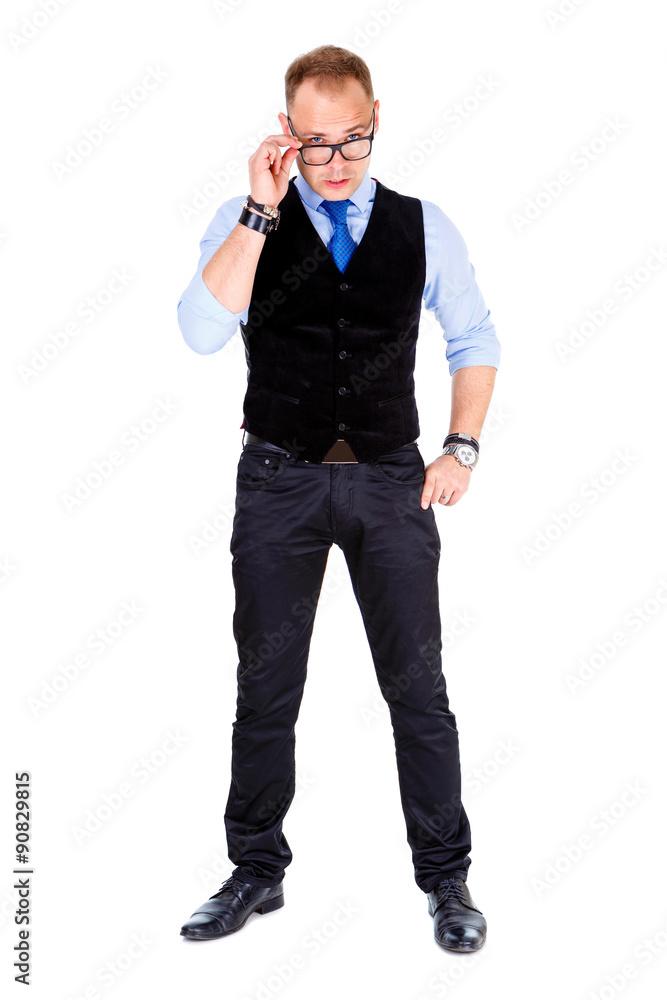 Full body portrait of young casual Businessman in suit and tie, holds glasses, isolated on white, Positive human emotion, facial expression Full body portrait of young casual Businessman in suit and tie, holds glasses, isolated on white, Positive human emotion, facial expression