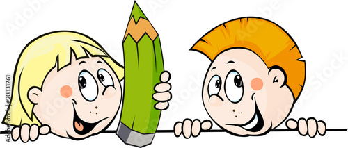 Child holding a pencil and peeking from behind a white surface - vector illustration