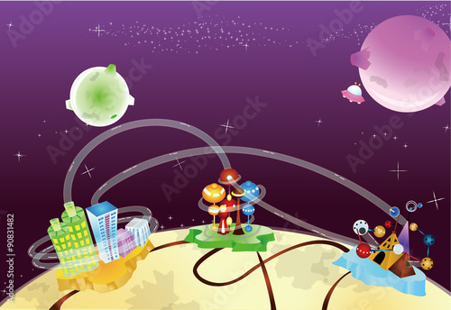 3 space cities on a planet. 2 planets in the background.