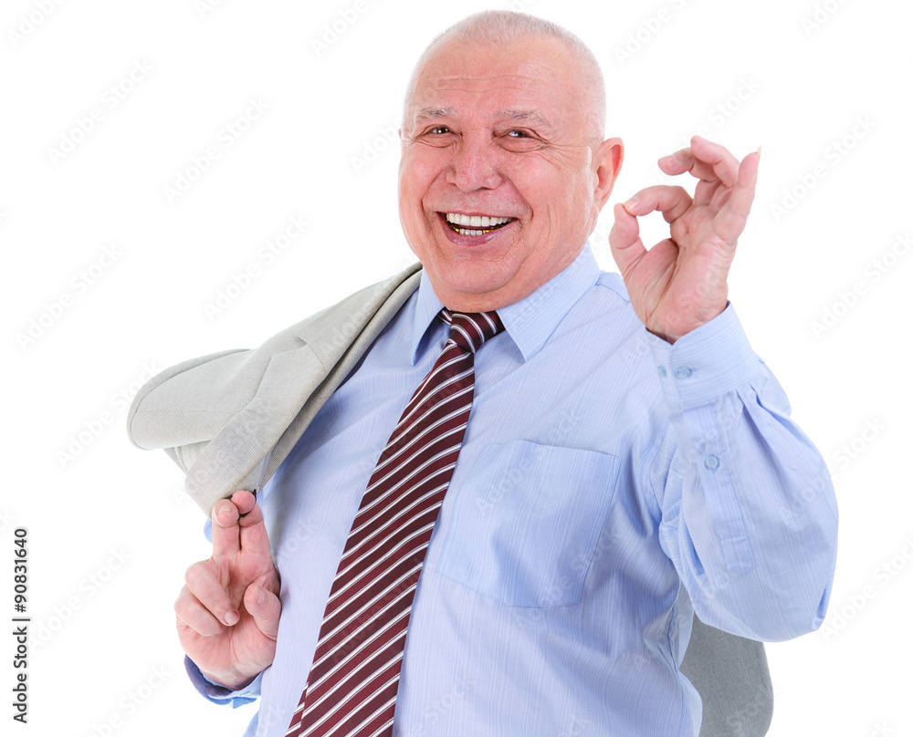 Happy and smile old mature business man in shirt and tie, holds a suit  jacket over shoulder and show ok gesture, isolated on white background.  Positive human emotion, facial expression Stock-foto